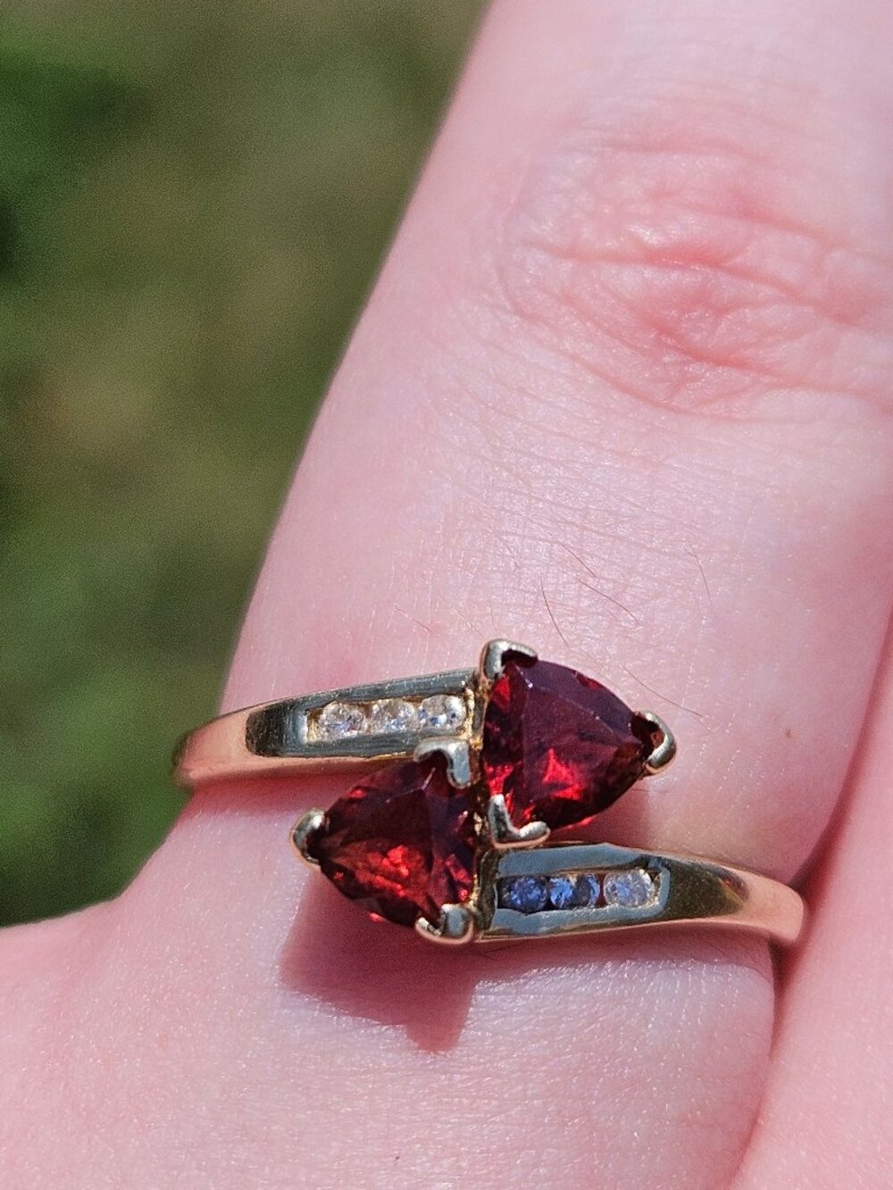 10K Yellow Gold Trilliong Cut Red Tourmaline Diamond Bypass Ring Size 8